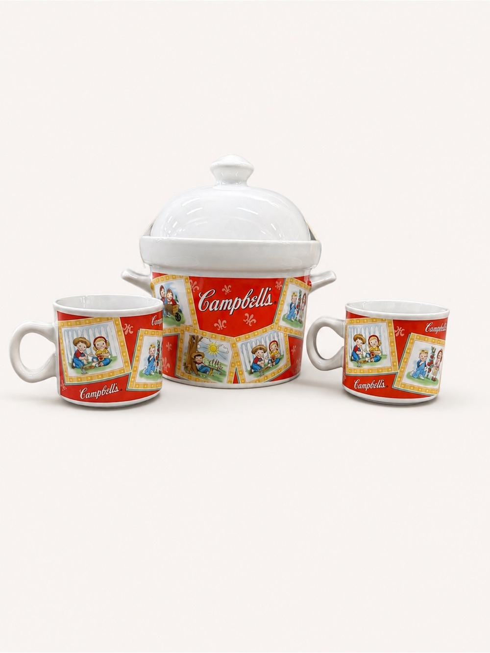 Campbell's Red Ceramic Soup Set with Lidded Pot and Two Mugs